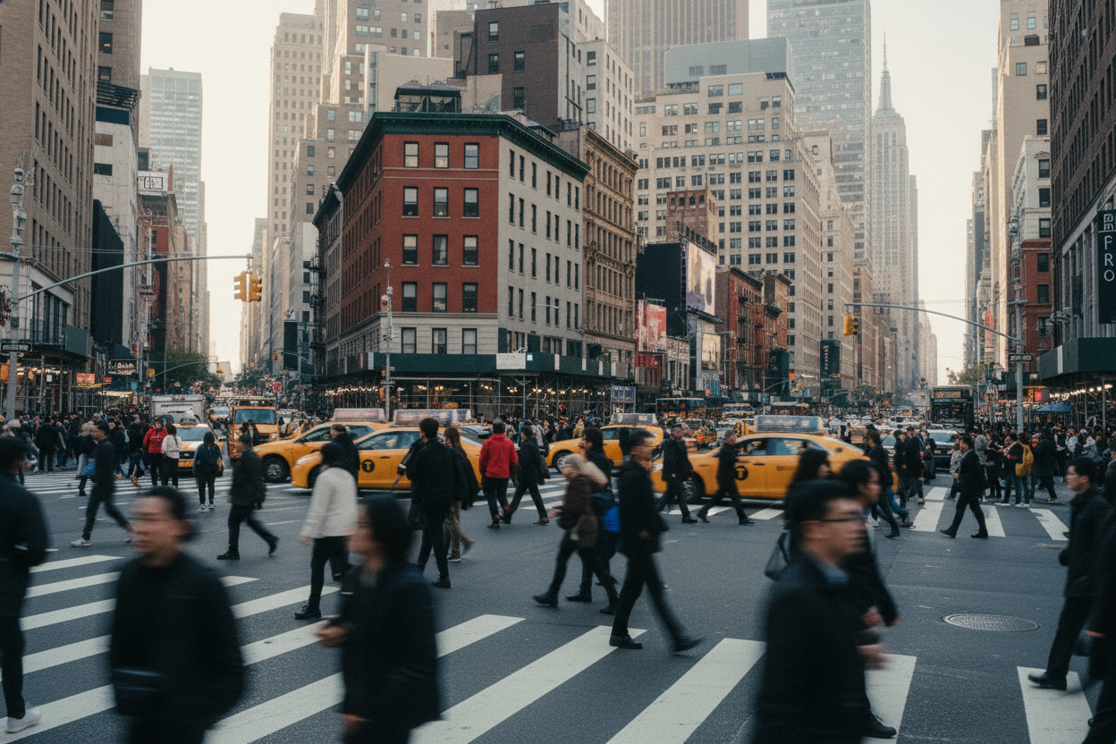Picture from middle perspective of New York intersection full of people walking with blurred faces
